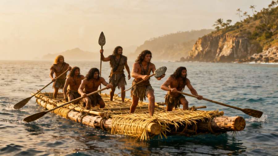 Humans reached Australia 65,000 years ago using primitive seafaring rafts.