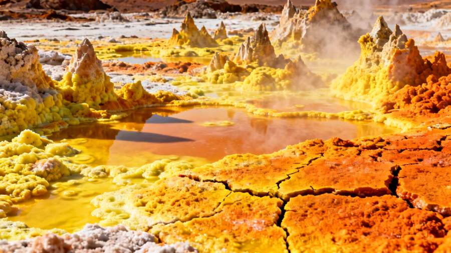 Ethiopia's Dallol volcano looks like a neon yellow alien landscape.